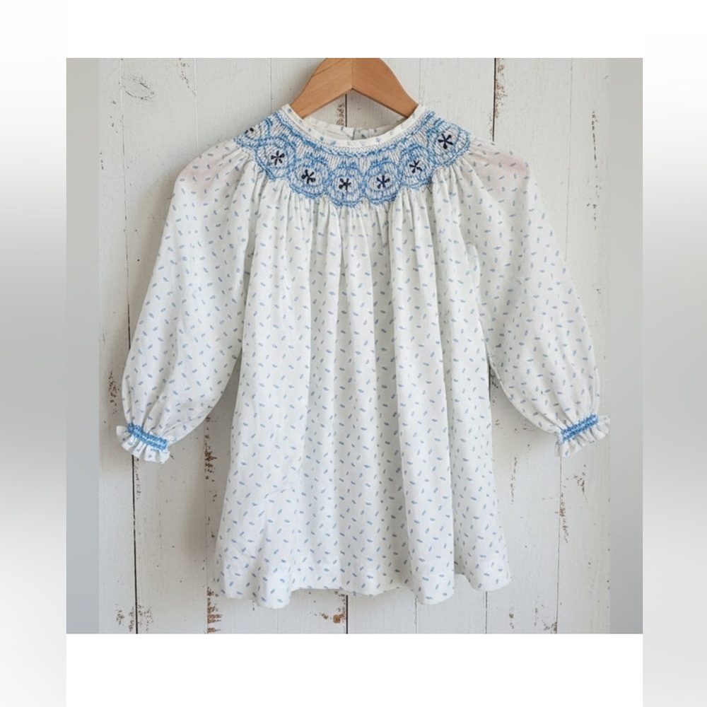 Vintage Smocked White Dress with Blue Embroidery Cottagecore Coastal